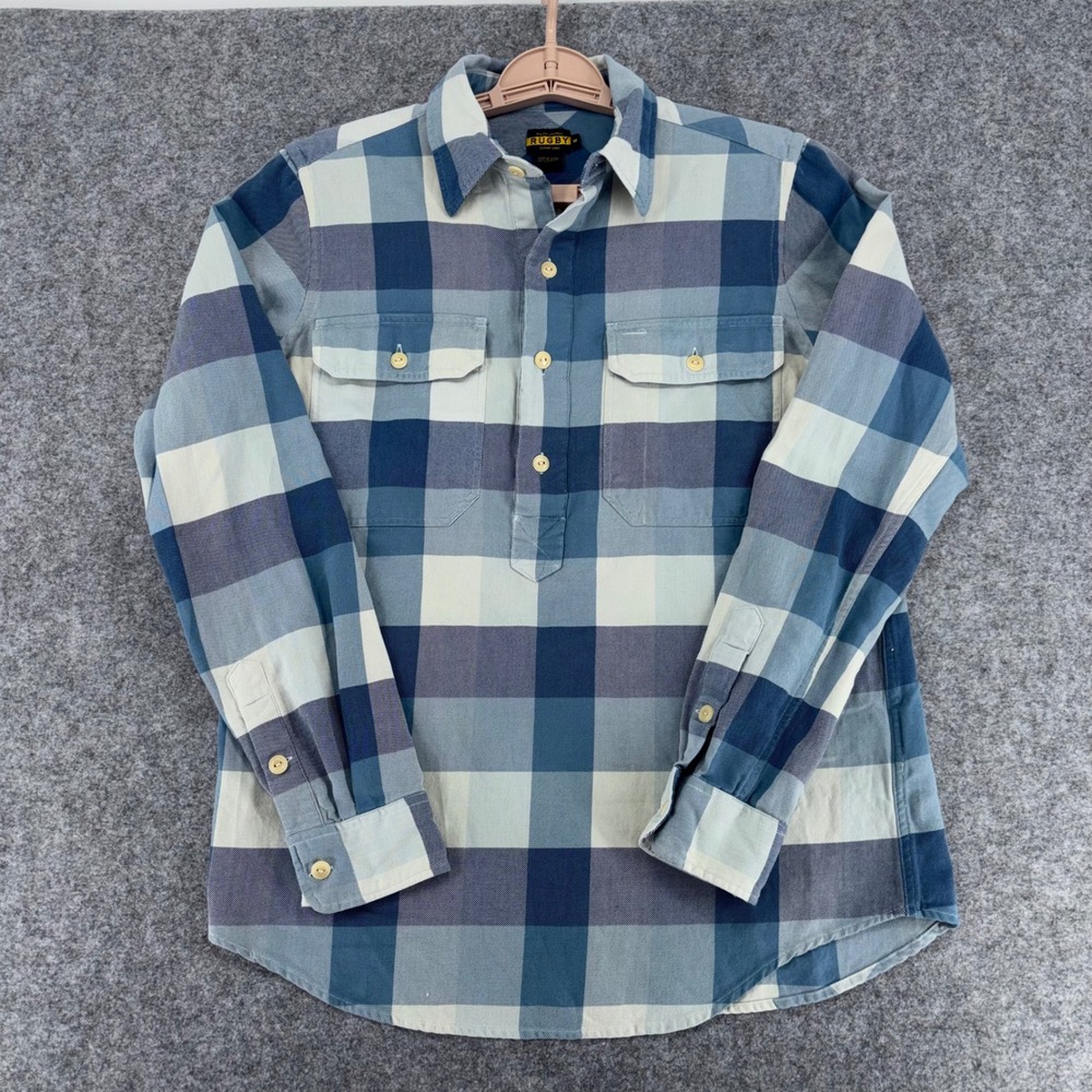 Ralph Lauren Rugby Blue Plaid Cotton Popover Shirt Womens Medium Long Sleeve Y2K